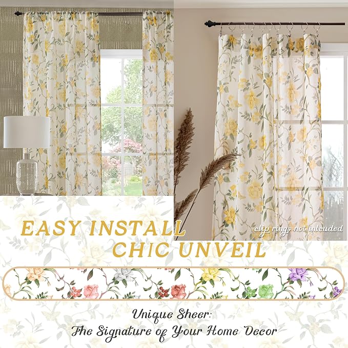 Sheer Curtains 54 Inch Length 2 Panels Set, Floral Patterned Linen Look - Image 7