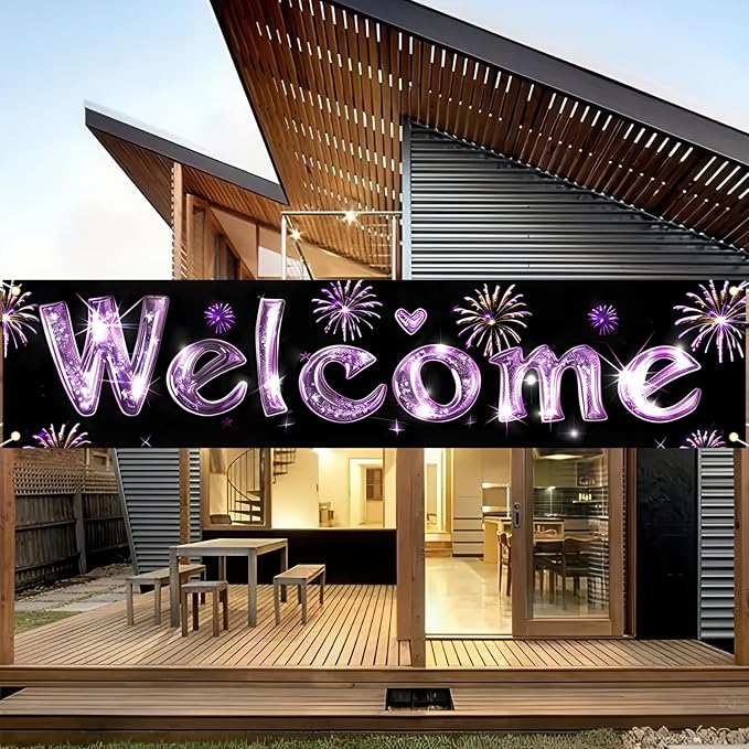 BlissYard Black Glitter Purple Banner Fireworks Love Decor 78 x 17 Inch | - Image 2