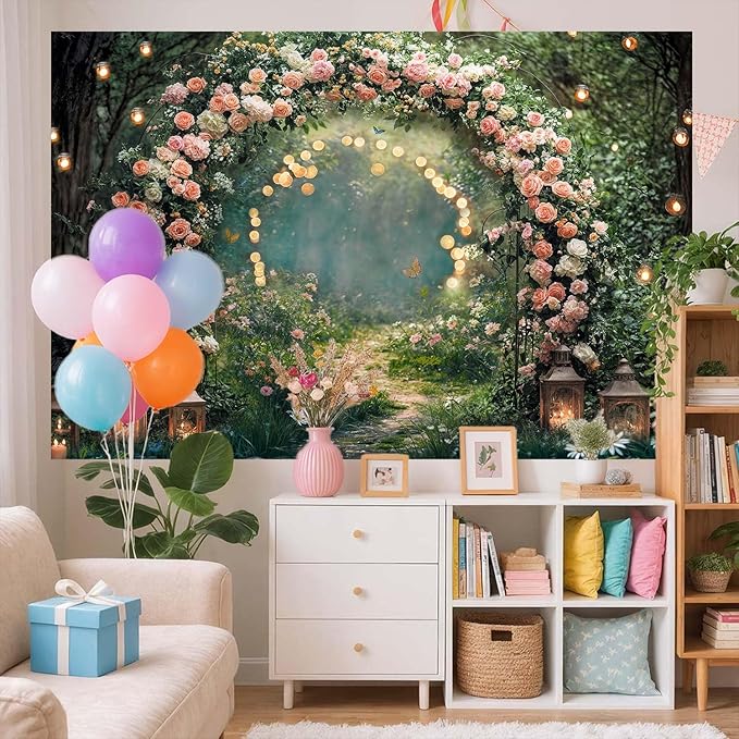 7x5ft Enchanted Forest Wedding Photography Backdrop Wonderland Roses Fairy Tale Backdrop Pink Flower Birthday Newborn Baby Shower Wedding Bridal Party Banner Photo Booth Props Anniversary Background