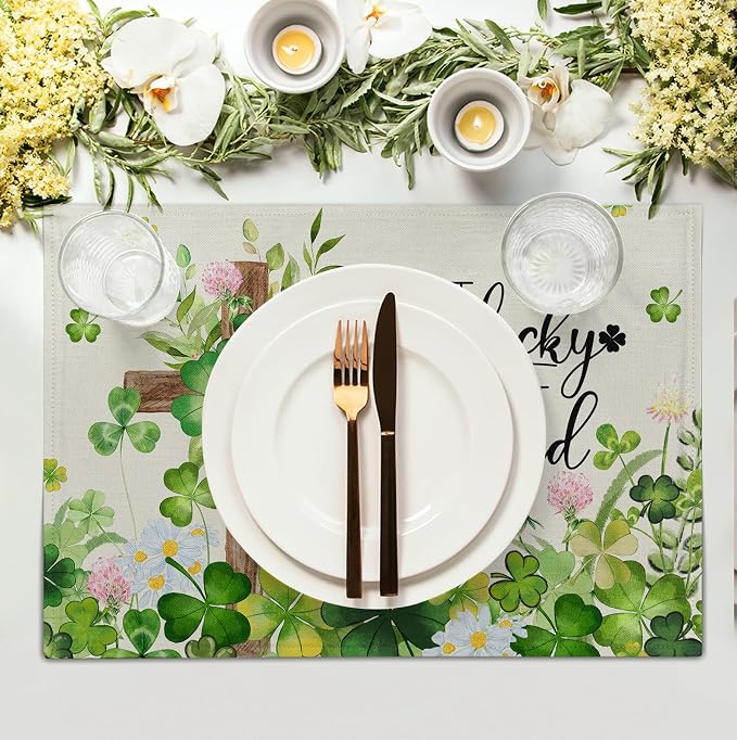 St Patricks Placemats Set of 4 St. Patrick's Day Cross Shamrocks Clover Linen - Image 3