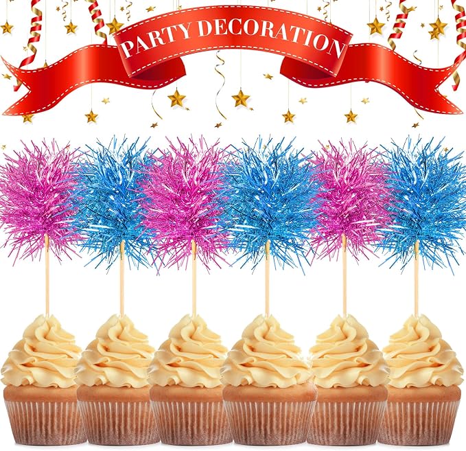 Chinco 100 Pcs Foil Firework Cupcake Toppers Sparkle Tinsel Cake Toppers Cake - Image 3