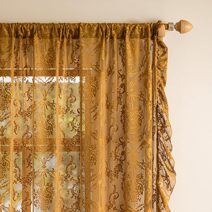 Deeprove Gold Lace Curtains 63 inches Length 2 Panels Set Sheer Boho Golden - Image 4
