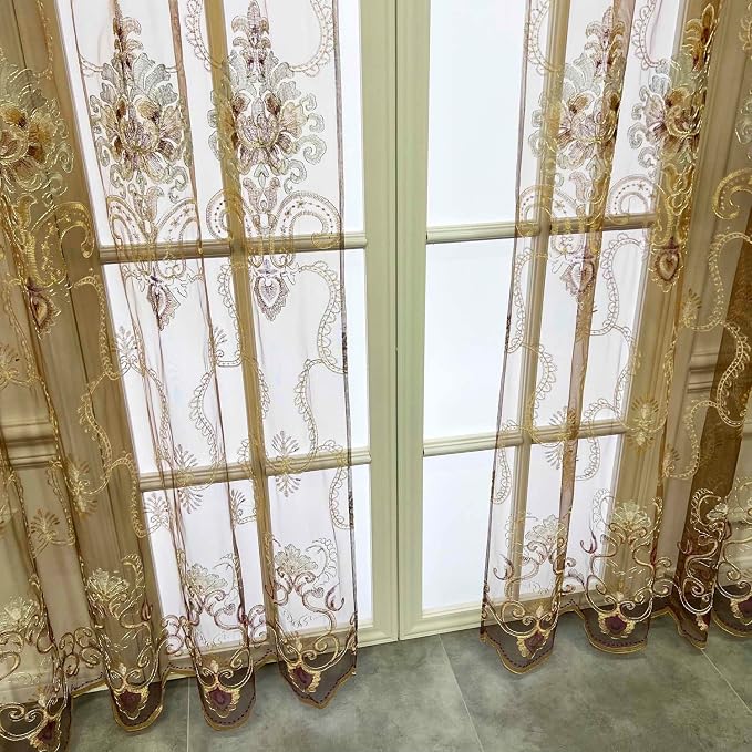 1pc Luxury Brown Embroidered Floral Sheer Tulle Curtain - Image 3