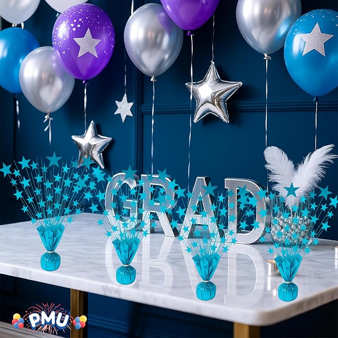 PMU 12 Pack Bursting Star Metallic Foil Spray Centerpiece- Turquoise Balloon - Image 3