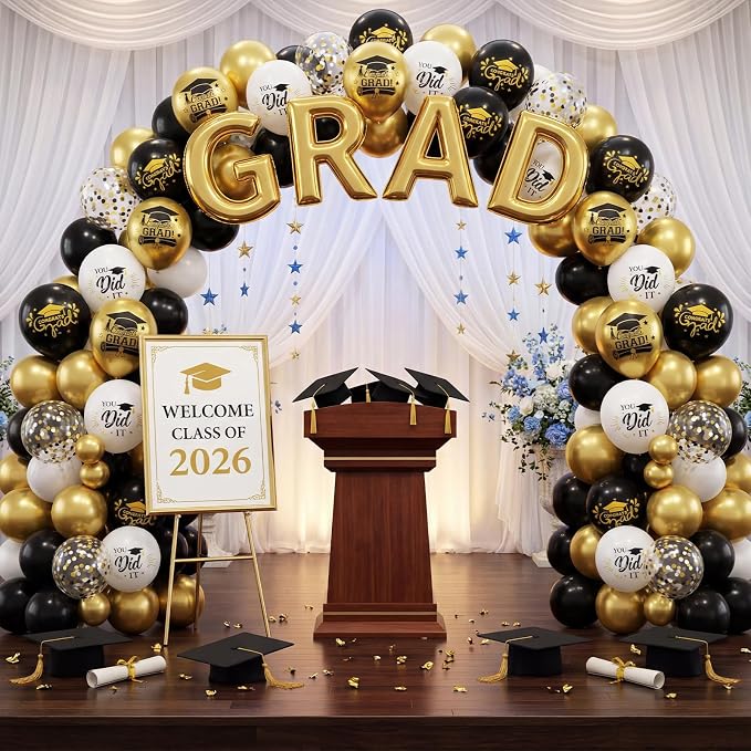 FunHot Black Gold Graduation Balloons, 12 Inch Black Gold White Confetti Grad - Image 5