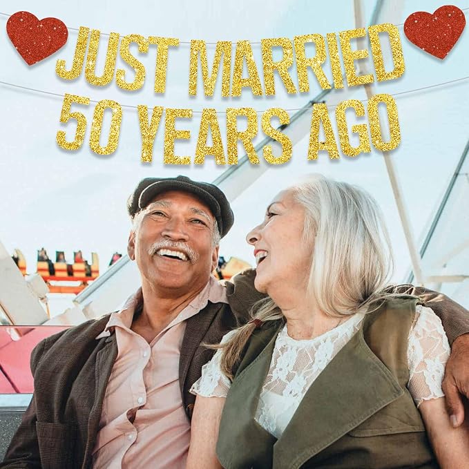 Gold Glitter Just Married 50 Years Ago Banner, NO DIY, Pre-Strung 50th Wedding - Image 4
