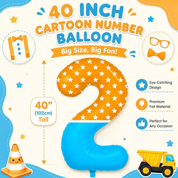 40 Inch Orange Blue Number 2 Balloon, Bow Tie Glasses Design - Image 3