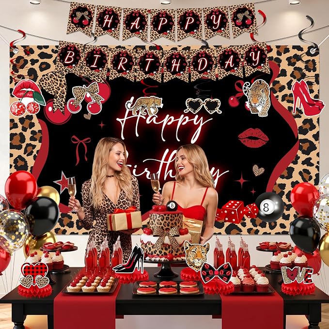 Cheetah Print Party Decorations 29pcs Cheetah Cherry Party Supplies | Red Black - Image 3
