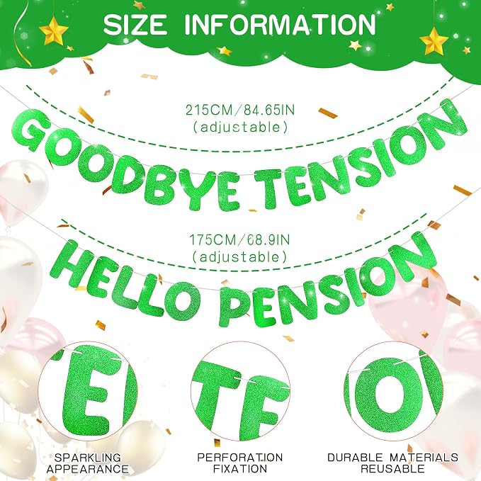 Retirement Banner Pre-Strung GOODBYE TENSION HELLO PENSION Banner Glitter - Image 2