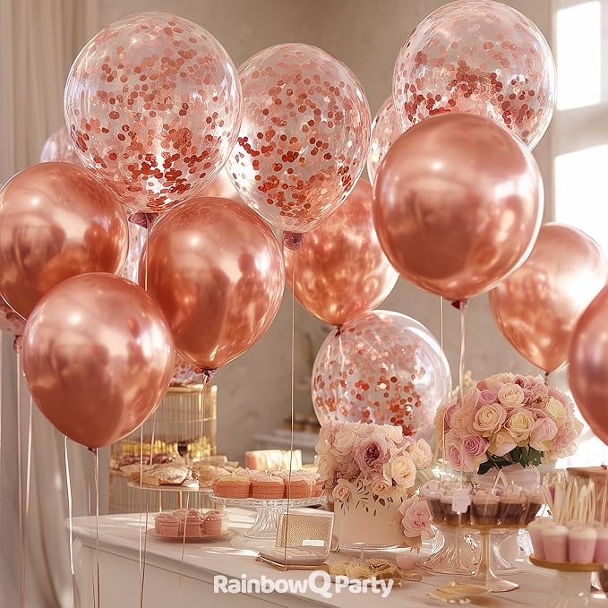 RainbowQ Metallic Rose Gold Balloons 55Pcs 12 Inch Confetti Helium | Chrome - Image 2