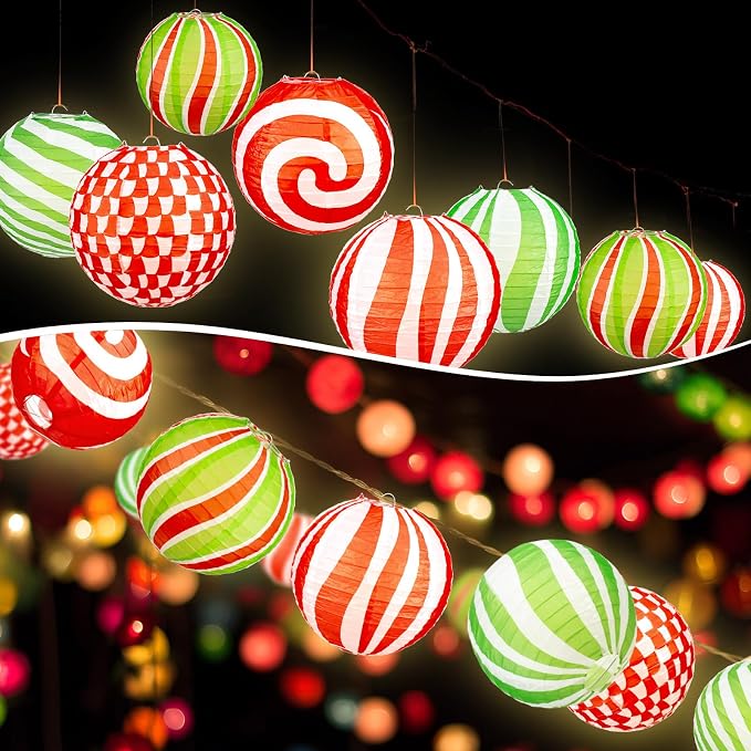 Panelee 12 Pcs Christmas Peppermint Paper Lanterns 8 Inch Red Green White Candy - Image 3