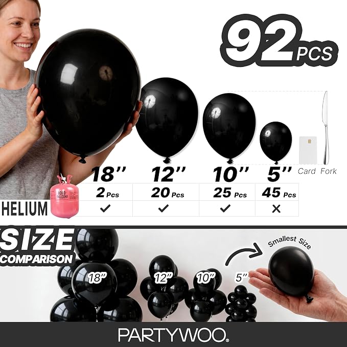 PartyWoo Black Balloons 92 pcs Different Sizes of 18 12 10 5 Inch Black - Image 6