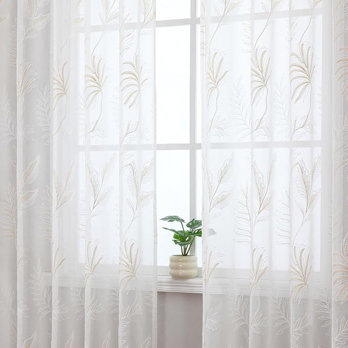 White Sheer Curtains Beige Embroidered Leaf 2 Panels 84 Inches | Light - Image 2