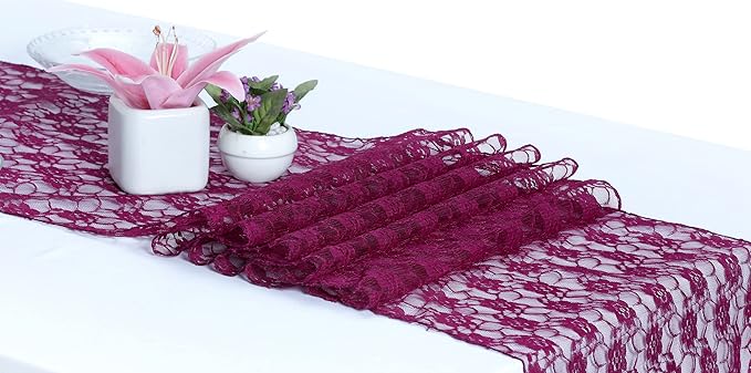 MDS Pack of 20 Wedding 12 x 108 inches Lace Table Runner for Wedding, Decorations for Birthday Parties, Banquets, Graduations, Engagements, and Runners fit Rectangle, Round Table- Eggplant