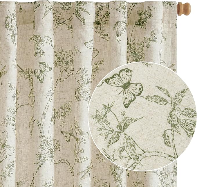 Green Floral Linen Lined Curtains Rod Pocket 50W X 84L 2 Panels | Charlotte by Lazzzy