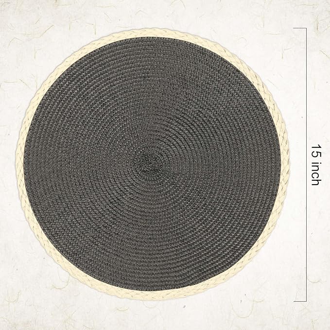 Round Placemats Set of 6, Woven Table Mats, Thin Edge, Charcoal Grey | Braided - Image 2