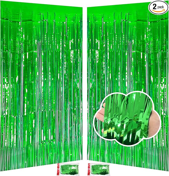 JINSUI Green Tinsel Backdrop 3.3x8.2ft, 2 Pack Foil Fringe Curtains Decor | by JINSUI