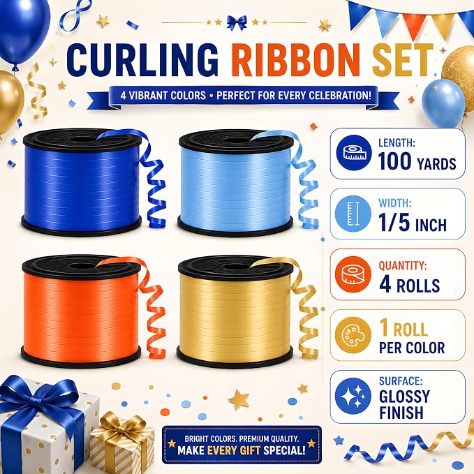 BEISHIDA 4 Pack 100 Yard Blue Orange Gold Curling Crimped Ribbon Balloon String - Image 2