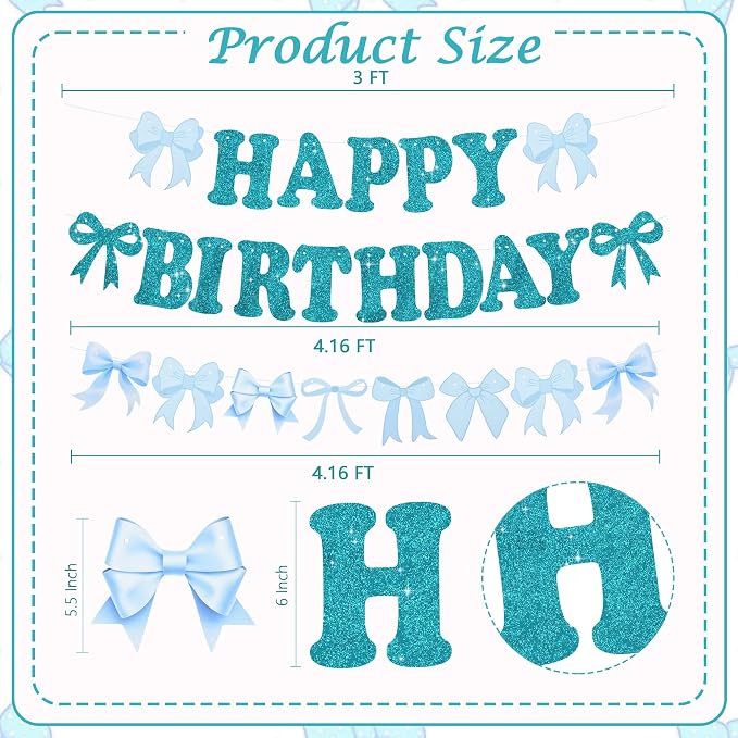 Glitter Lake Blue Bow Happy Birthday Banner Pre-Strung Happy Birthday - Image 3