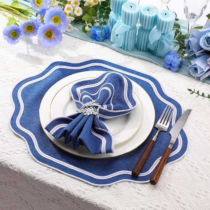 Scalloped Embroidered Placemats, 100% Cotton Linen Double Layered Table Mats - Image 2