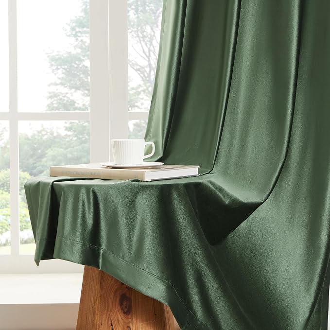 BULBUL Velvet Oilve Green Blackout Curtains 108 inch Length - Image 6