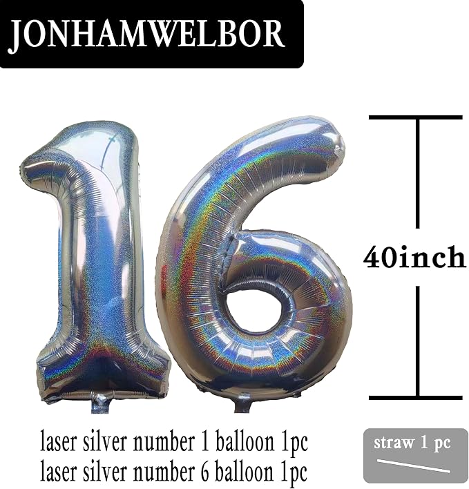 Jonhamwelbor 40 Inch Laser Silver Number 16 Balloon Numbers Foil Mylar Giant - Image 2