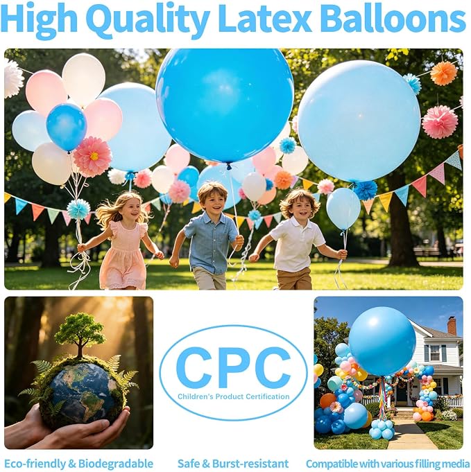 5Pcs Light Blue Balloons 36 Inch, Round Large Latex Party Balloons - Image 3