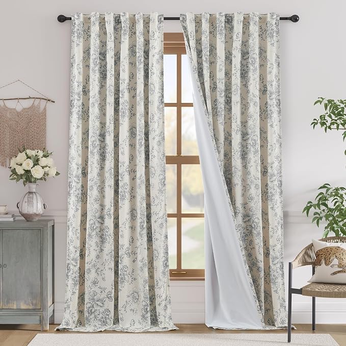 jinchan Gray Floral Linen Curtains Lined 96 Inch Vintage Back Tab 2 Panels | by JINCHAN