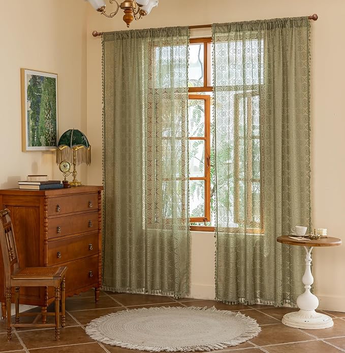 YJ YANJUN Boho Lace Curtains, Sage Green Sheer Window Panels | Geometric - Image 3