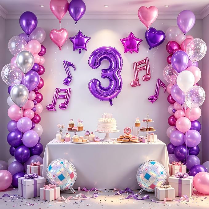 TONIFUL Girl‘s Purple Pink Music Themed 3rd Birthday Decorations | 40 Inch - Image 5