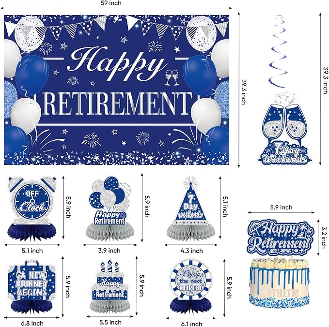 Retirement Party Decorations for Men Women Blue Silver Happy Retirement Banner - Image 3