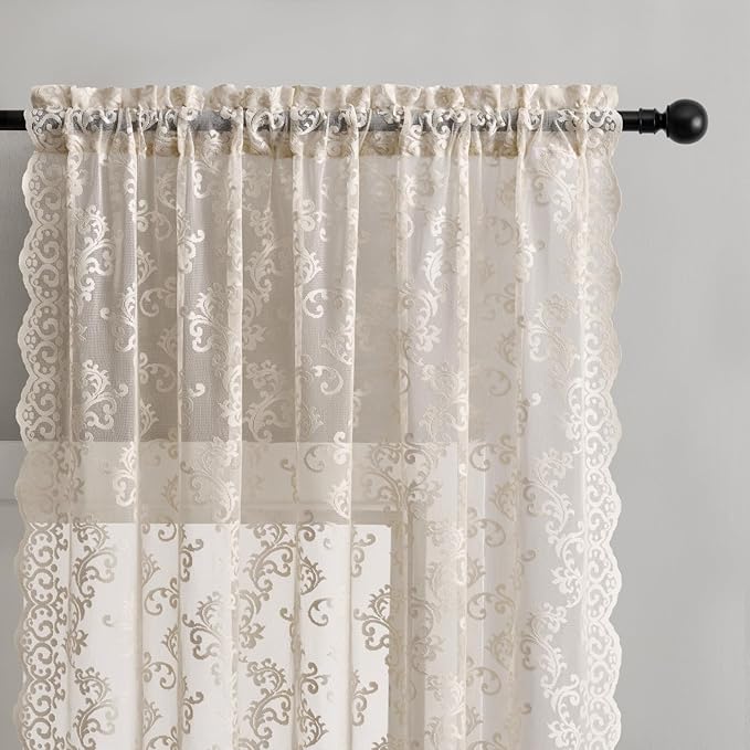 FOLKSIDE Khaki Lace Curtains 72 Inches Long 2 Panels Victorian Floral Sheer - Image 3