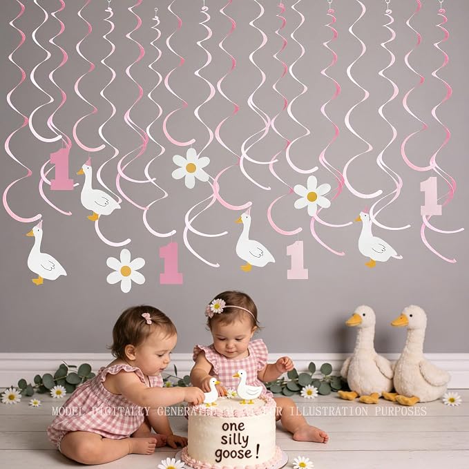 24Pcs Pink One Silly Goose Hanging Swirl Decorations Daisy Felt Swirl Streamer - Image 4