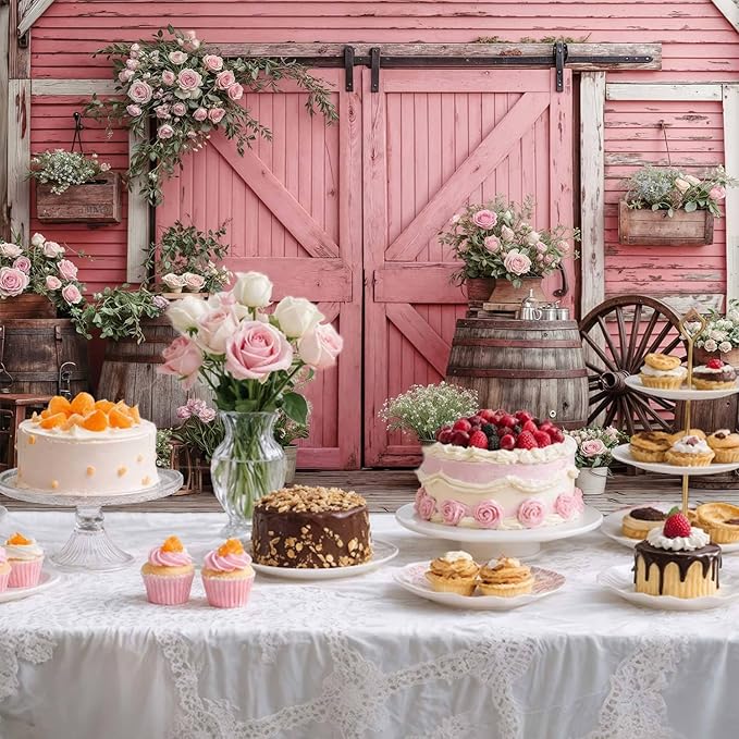 5x3ft Country Wedding Pink Photography Backdrop Rustic Wooden Barn Door Photography Backdrop Farmhouse Flower Western Girl Birthday Baby Shower Wedding Bridal Party Banner Photo Booth Props Background