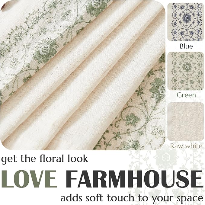 jinchan Green Floral Embroidered Short Linen Curtains 54×54 Inches 2 Panels | - Image 7