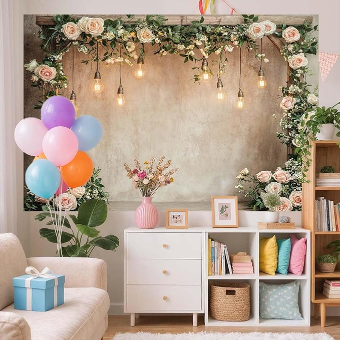 5x3ft Country Wedding Photography Backdrop Floral Rustic Roses Farmhouse Wooden Door Backdrop Pink Flower Birthday Baby Shower Wedding Bridal Party Banner Photo Booth Props Anniversary Background