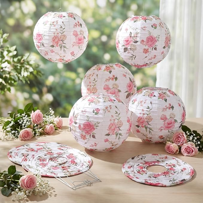 Honoson 12 Pcs Pink Rose Paper Lanterns Spring Floral Party Decorations Hanging - Image 5