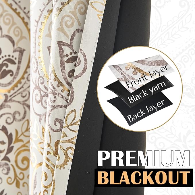 jinchan Gold Foil Blackout Curtains 84 Inch Damask Grommet 2 Panels | Room - Image 3