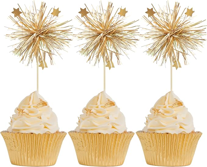 Gyufise 30Pcs Foil Firework Cupcake Toppers Happy Birthday Cake Toppers Sparkle by Gyufise