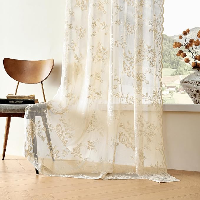 Beige Lace Curtains 72 Inch Length Victorian Floral Sheer Curtains - Image 6