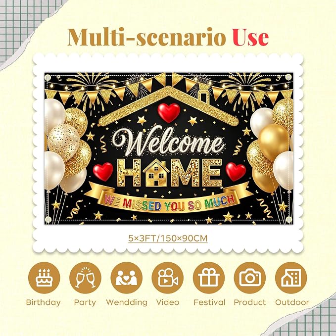 5x3FT Welcome Home Banner Sign Black | Welcome Back Decorations - Image 2