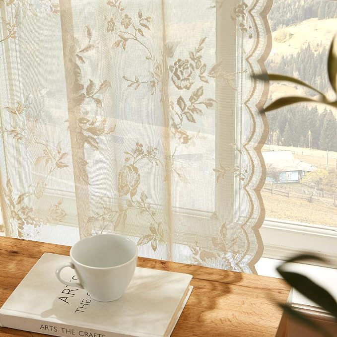 SEEKRIGHT Beige Lace Curtains 84 Inches Long Victorian Floral Sheer Curtains - Image 4