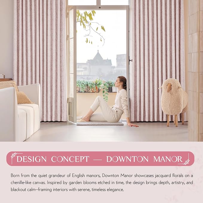 Beauoop Pink Floral Jacquard Blackout Sliding Door Curtains 100x84 1 Set | - Image 9