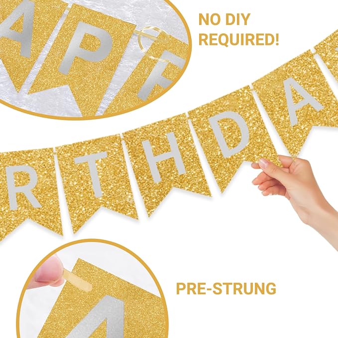 Gold Happy Birthday Banner - 16 ft Pre-Strung Gold Birthday Party Decorations - Image 5