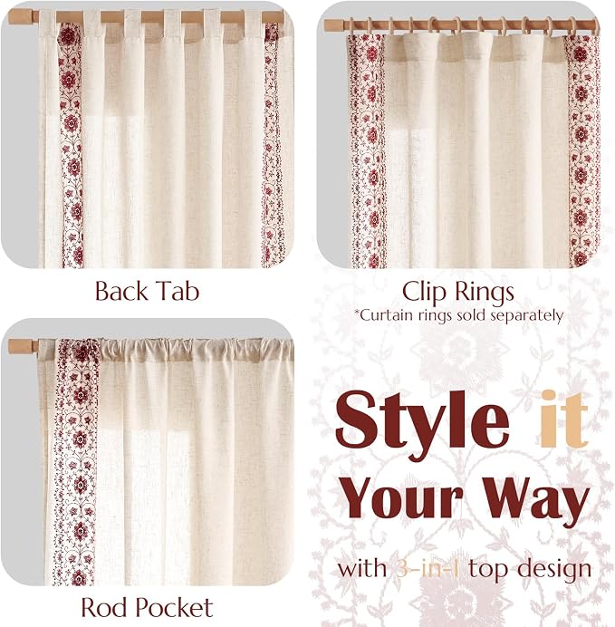 jinchan Floral Linen Curtains Embroidered Back Tab 50x96in 2 Panels Red | Light - Image 7