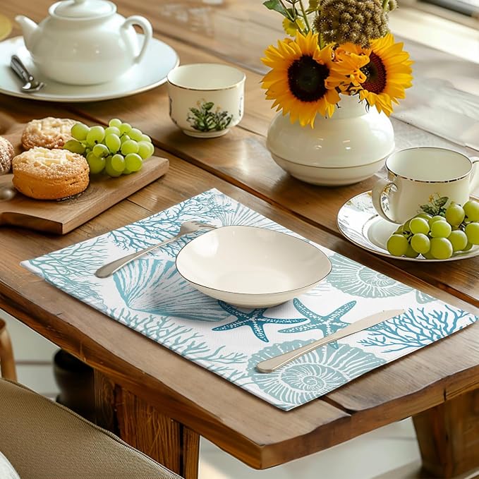 Nautical Coastal Blue Placemats Set of 4 Summer Teal Turquoise Beach Theme - Image 6