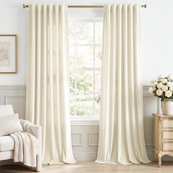 Ivory White Velvet Curtains for Nursery Back Tab, W52 x L96, Back tab Drapes by StangH