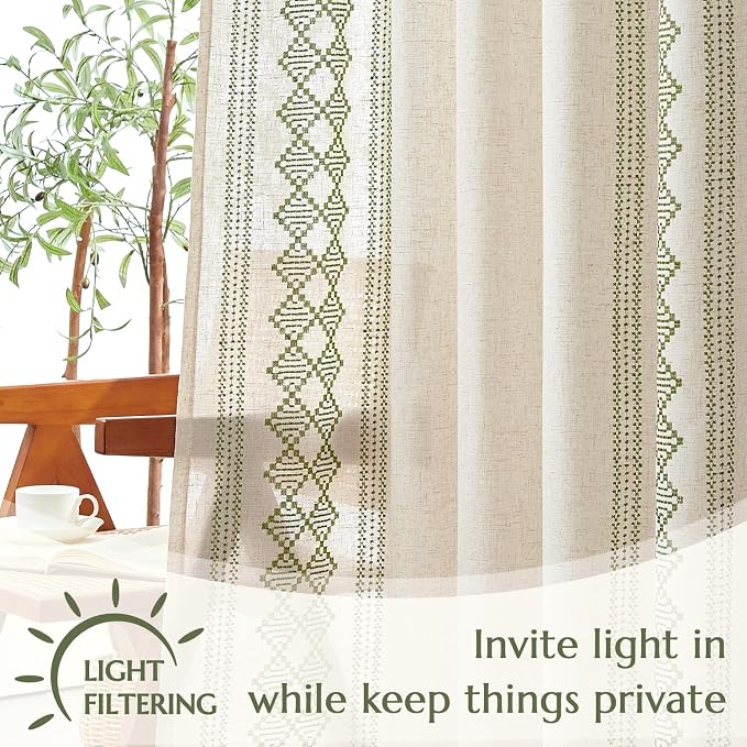 jinchan Floral Linen Curtains Embroidered Back Tab 50x96in 2 Panels Green | - Image 4