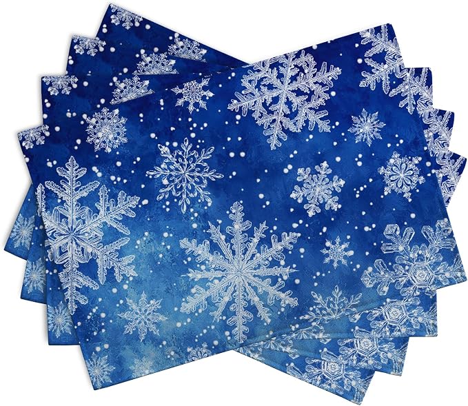 Winter Blue Snowflake Placemats Set of 4 Merry Christmas Snowflakes Linen - Image 2