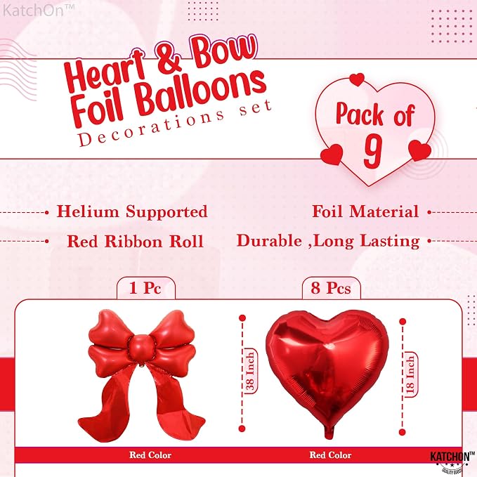 KatchOn Red Heart & Bow Foil Balloons Set, Heart Shaped Balloons Red Bow - Image 2